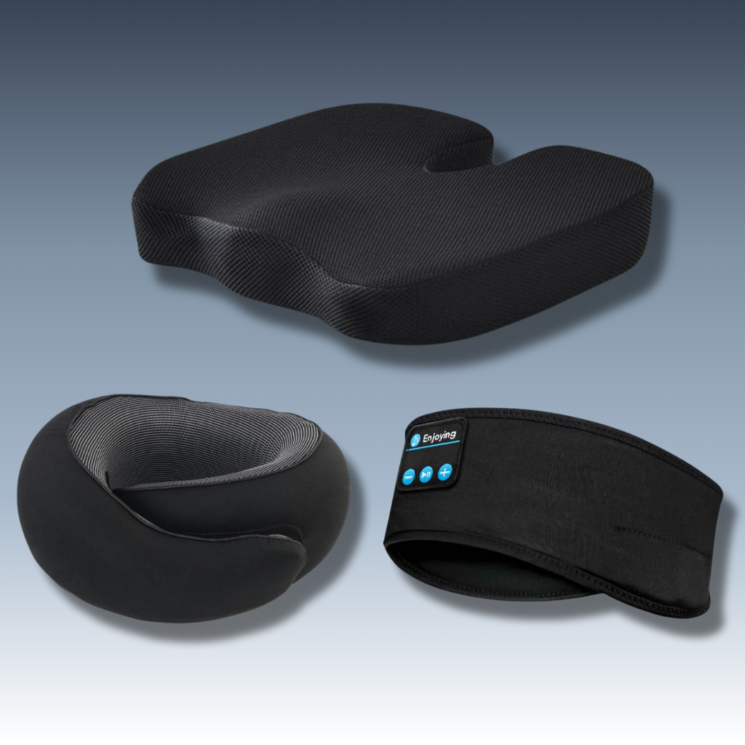 Black ergonomic travel bundle featuring a memory foam seat cushion, a neck wrap pillow, and a Bluetooth sleep mask. The products are displayed against a gradient background transitioning from deep blue to white, highlighting their sleek and comfortable design.