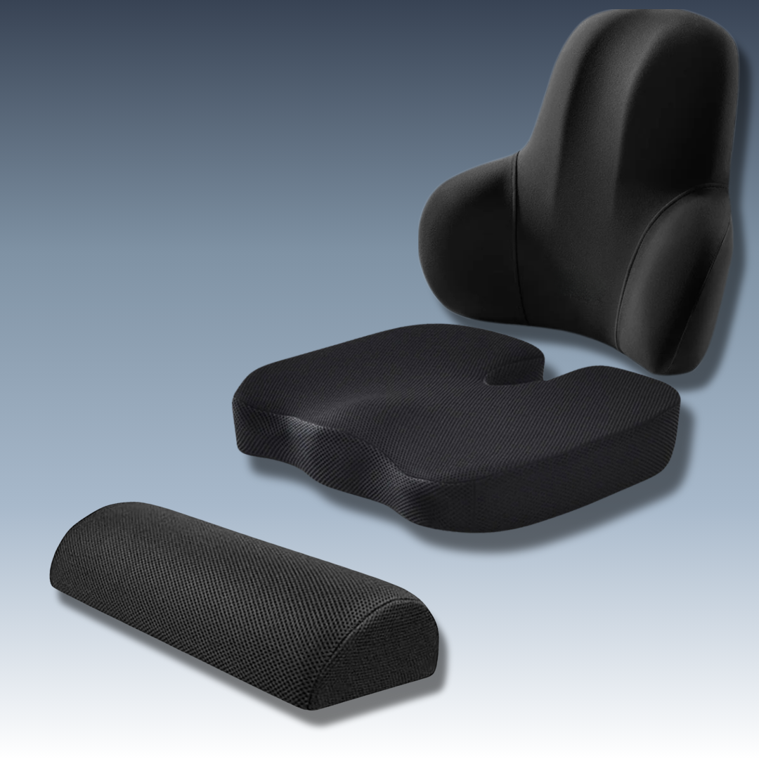 Black ergonomic support bundle featuring a lumbar backrest, a U-shaped memory foam seat cushion, and a half-moon bolster pillow. The products are displayed against a gradient background transitioning from deep blue to white, emphasizing their sleek and comfortable design