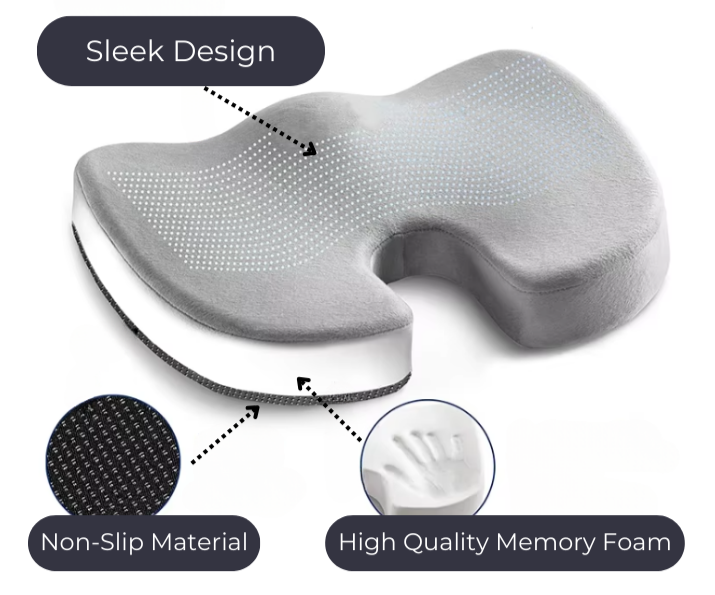 Close-up of the grey pressure relief seat cushion, highlighting the premium material and memory foam for superior comfort and durability