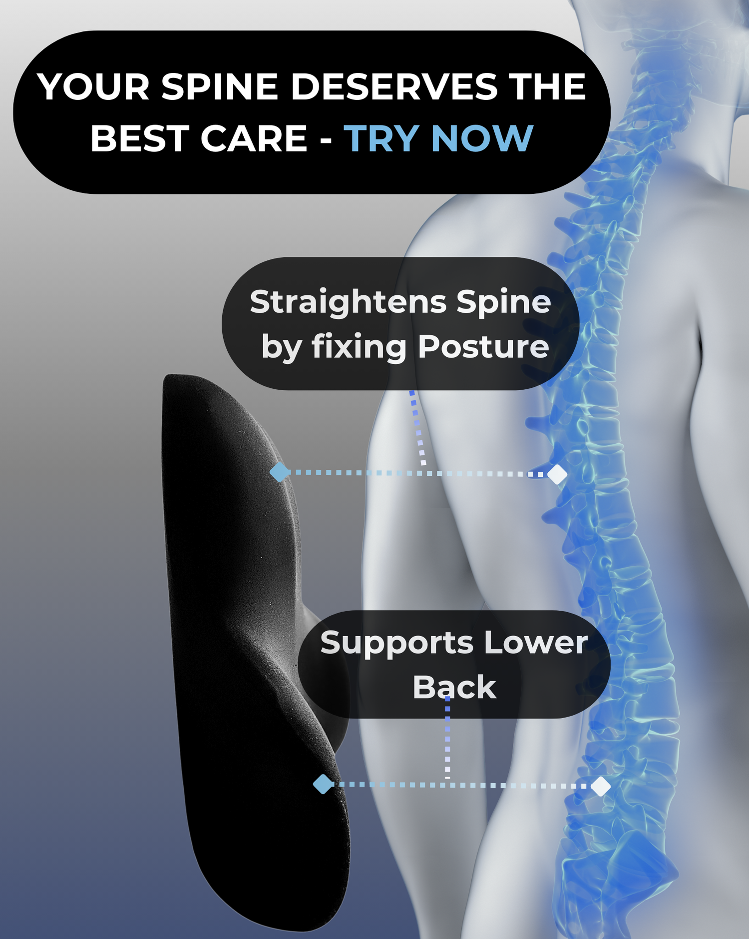 Diagram showing how the lumbar pillow supports the spine, improving posture and reducing lower back pain