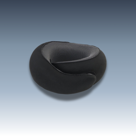 Black memory foam travel neck pillow providing neck support for comfortable travel