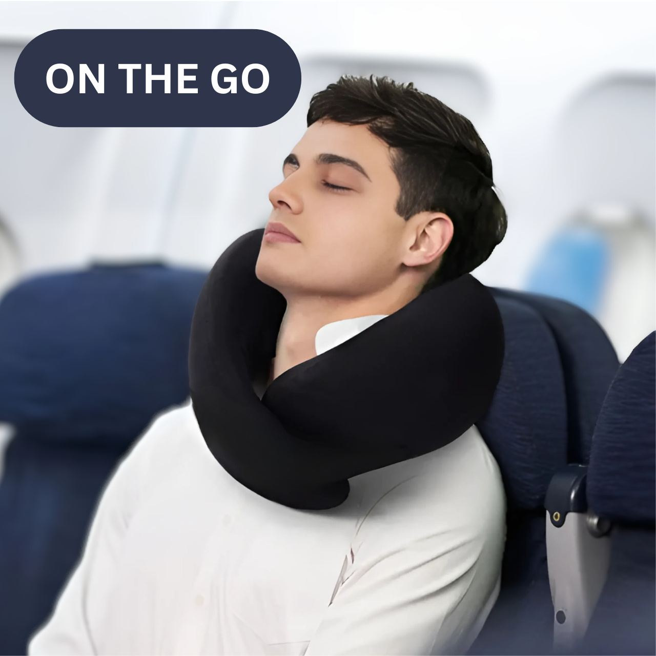 Man using the neck travel cushion pillow for comfort and support while traveling, ideal for long flights or road trips